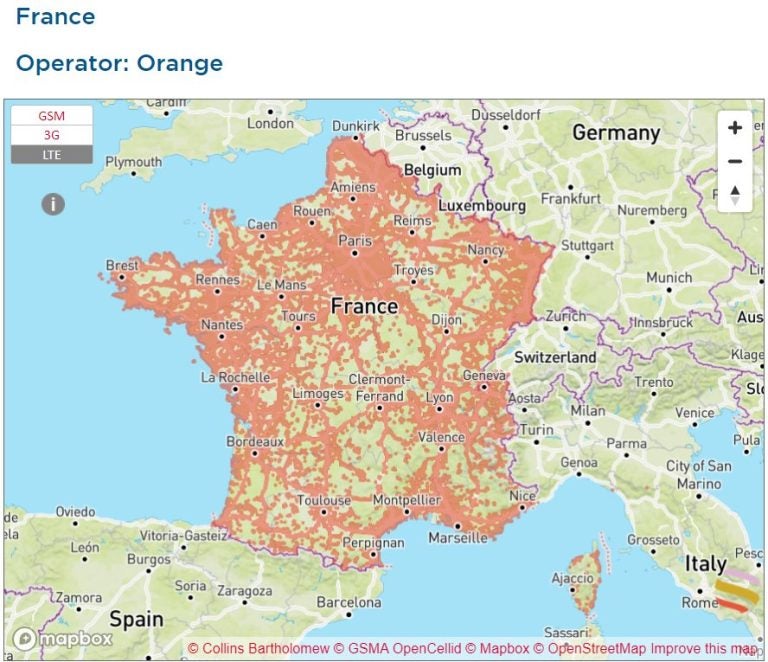 通信エリア　オラフライ　eSIM　フランス　データ無制限　4G回線